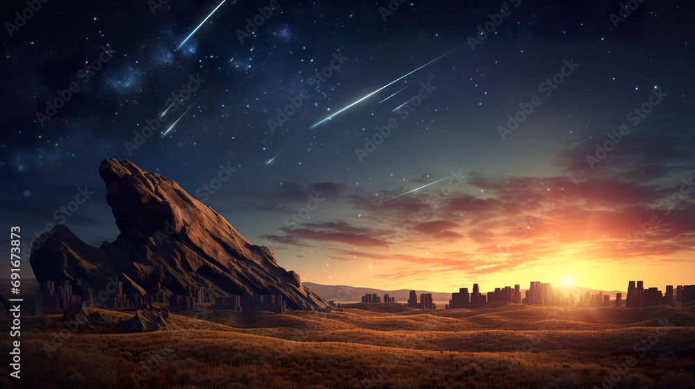 a lot of shooting stars on the sky, realistic fairytale wallpaper - obrazy, fototapety, plakaty 