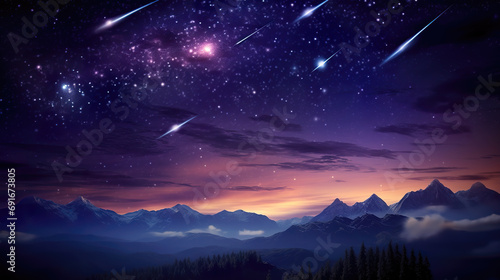 falling shooting stars on sky, realistic fairytale artwork