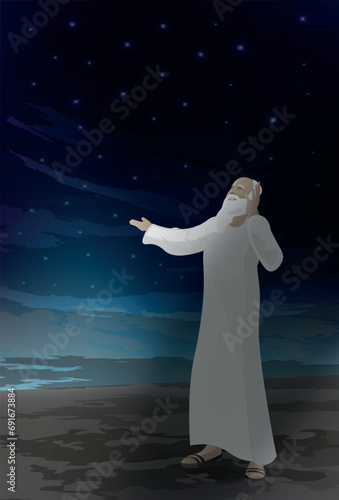 Biblical vector illustration. Abraham, And he brought him outside and said, Look toward heaven, and number the stars, if you are able to number them. Then he said to him, So shall your offspring be