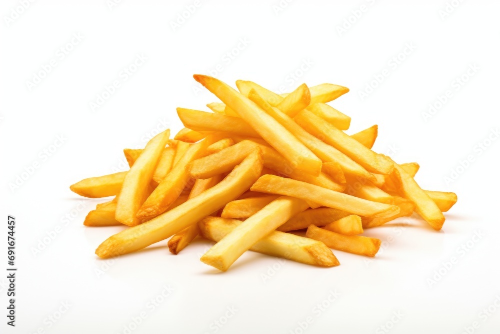 A stack of crispy French fries on a clean white background. Perfect for food blogs, restaurant menus, or fast food advertisements A stack of crispy French fries on a clean white background. Perfect for food blogs, restaurant menus, or fast food advertisements