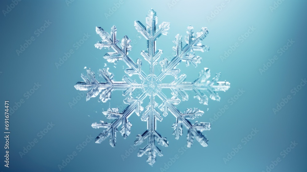 A detailed close-up of a snowflake on a vibrant blue background. Ideal for winter-themed designs and seasonal projects A detailed close-up of a snowflake on a vibrant blue background. Ideal for winter-themed designs and seasonal projects
