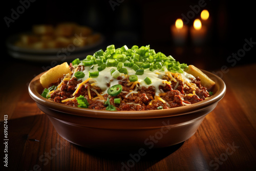 A steaming bowl of chili, adorned with cheese and green onions, delivering a warm and comforting sensation. Concept of hearty comfort food. Generative Ai.