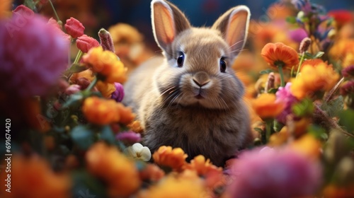 a close up of a bunny in a field of flowers with flowers in the foreground and a blue eyed bunny in the middle of the photo with flowers in the background.