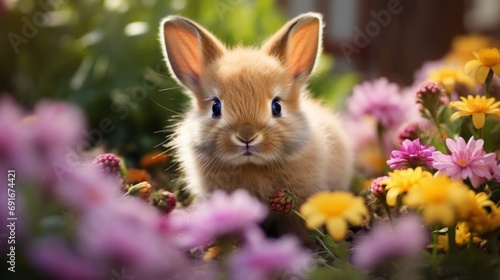  a close up of a bunny in a field of flowers with a blurry background of yellow, pink, purple, and white flowers in the foreground with a blurry background.