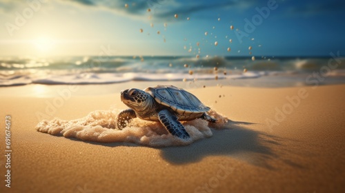  a sea turtle on a sandy beach with the sun shining through the clouds over the ocean and the waves crashing on the sand and the shore line of the water.