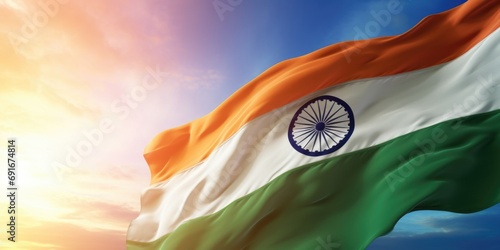 Indian flag soaring in the sky, suitable for patriotic and nationalistic themes. Can be used in educational materials or for celebrating Indian holidays photo