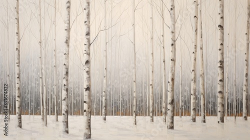  a painting of a snowy forest with trees in the foreground and snow on the ground in the foreground, with a light dustin of snow on the ground. photo