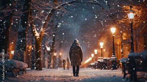 A person walking down a snowy street at night. Perfect for winter scenes and city landscapes © Fotograf