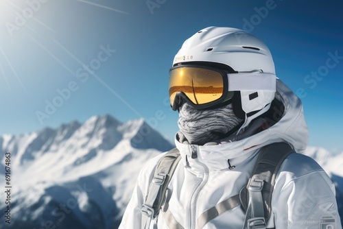 A man wearing a helmet and goggles standing on top of a mountain. Perfect for outdoor adventure and extreme sports themes © Fotograf