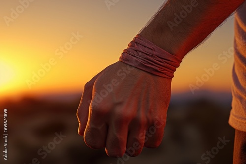 A person wearing a pink bracelet on their wrist. Can be used to represent fashion accessories or personal style photo
