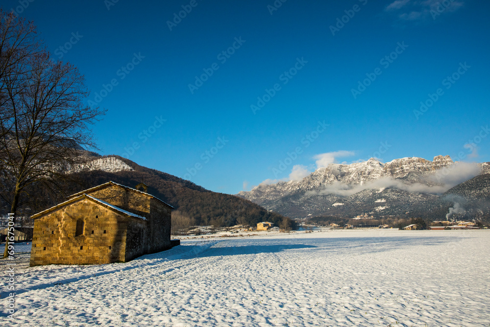 Winter snowfall in La Vall D En Bas and Puigsacalm peak, La Garrotxa, Girona, Spain Winter snowfall in La Vall D En Bas and Puigsacalm peak, La Garrotxa, Girona, Spain