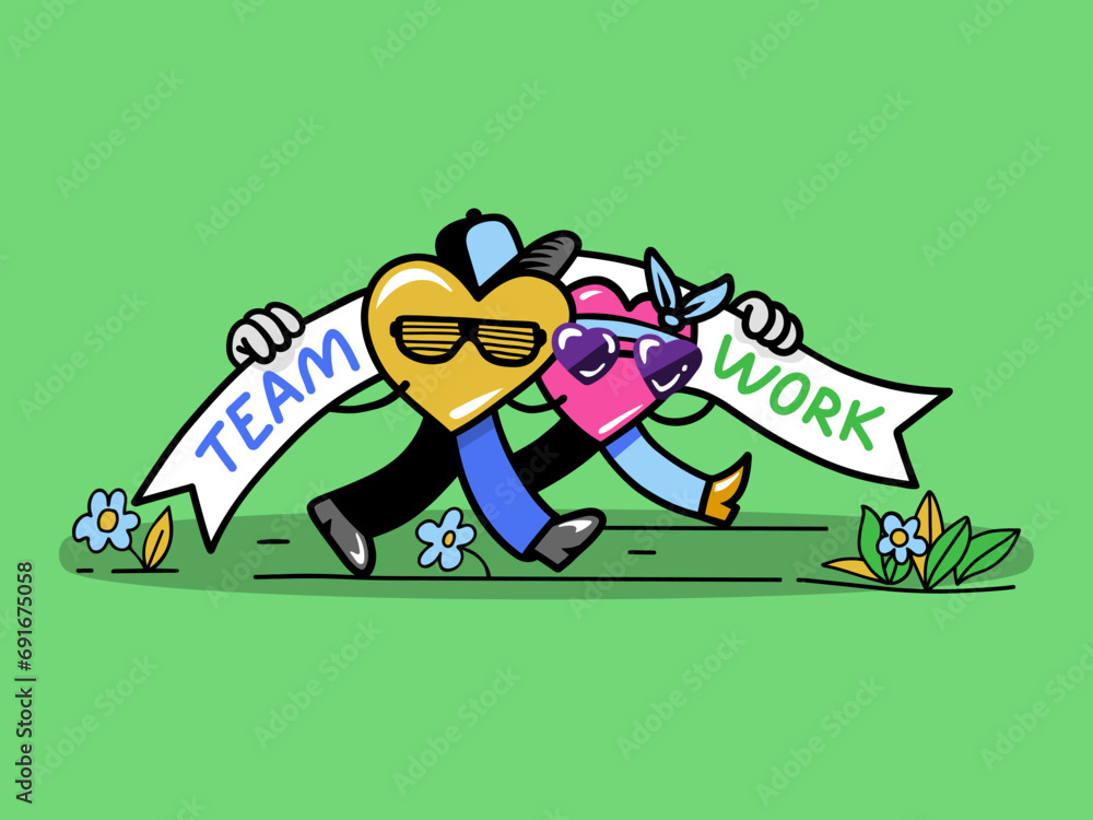 Fototapeta premium Two hearts confidently moving forward and holding the inscription Teamwork Valentine's Day theme. Vector image.