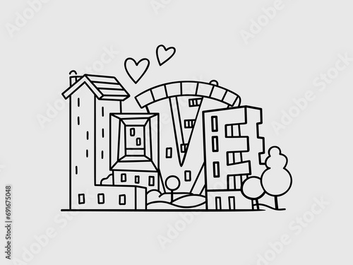 Vector image of houses in the theme of Valentine's Day 