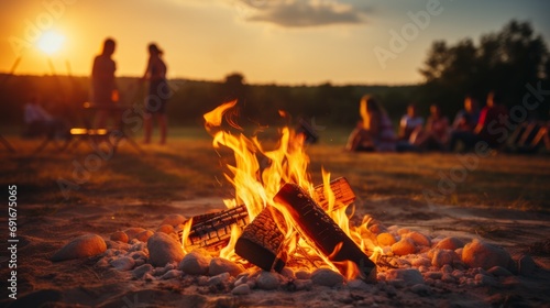 A close-up of a bonfire with flames, providing warmth and light during a camping trip.