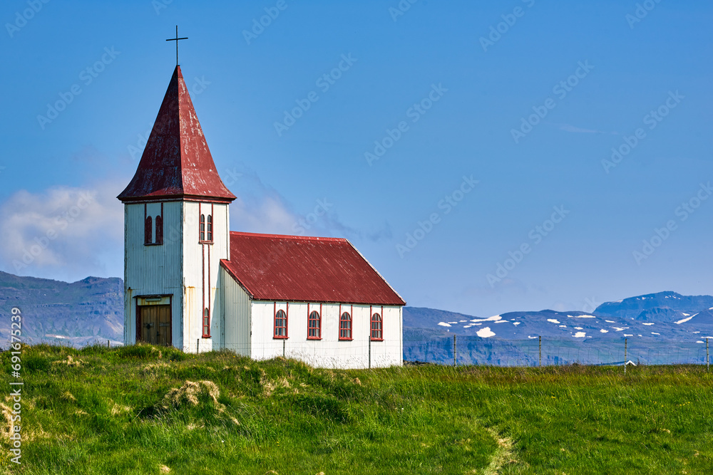 Hellnar church. Snaefellsnes peninsula. Iceland - obrazy, fototapety, plakaty 