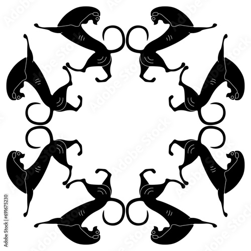 
Geometrical animal frame with dancing lions. Ancient Greek vase painting style. Black and white silhouette.