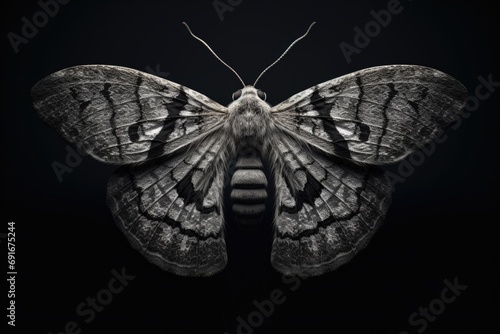 A detailed close-up view of a moth on a black background. This image can be used to illustrate the beauty and intricacy of nature. photo