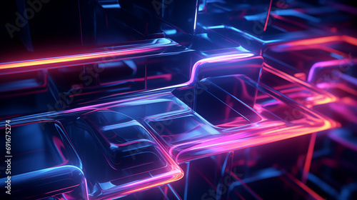 Neon colored cubicals and light strips with reflective windows, in the style of rendered in cinema4d, dark blue and pink, impressionistic still-life, smooth and curved lines, shallow depth of field