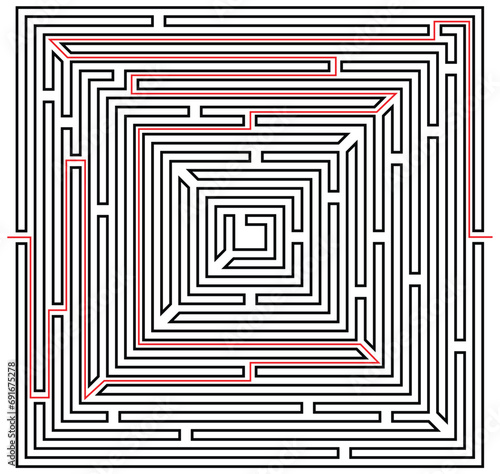 Square shaped labyrinth design with solution inside. Vector graphic illustration of easy and fun maze (labyrinth) game.