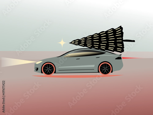 Vector illustration of a festive car transporting a Christmas tree on its roof. Ideal for holiday-themed deliveries and Christmas tree transportation concepts.