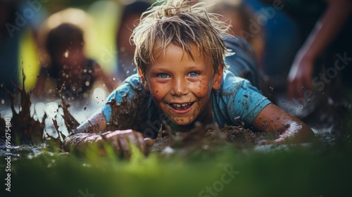 A young boy joyfully playing in the mud, covered from head to toe, with a big smile on his face.