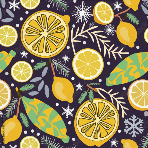 Vector christmas pattern  with citrus fruits lemons and snowflakes  on blue background. 2024 New Year fashion ornament for fabric  paper  textiles  notepad   clothing  card  packaging.