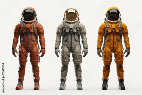 Three astronauts standing together, ready for their mission. Perfect for space exploration themes or science fiction projects