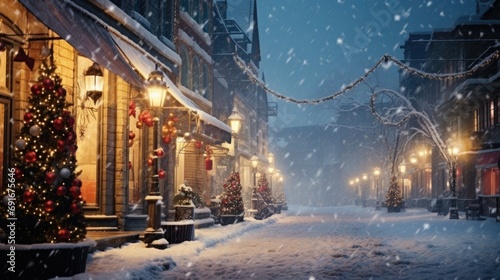 A picturesque snowy street illuminated by colorful Christmas lights. Perfect for holiday-themed designs and winter-themed projects