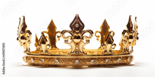 A regal gold crown placed on a clean white background. Ideal for use in royalty-themed designs or to symbolize power and authority