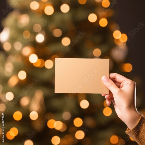 Close-up of a woman's hand holding a sheet for text on the background of a Christmas tree. AI generated.