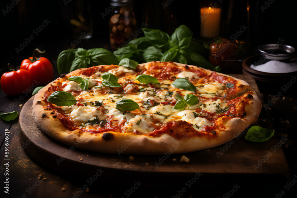 Top view of delicious pizza with salami and cherry tomatoes, herbs on a board. Isolated dark background