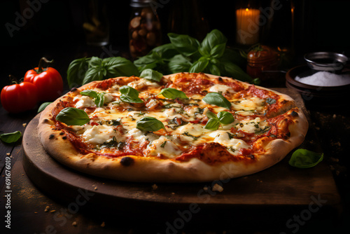 Top view of delicious pizza with salami and cherry tomatoes, herbs on a board. Isolated dark background