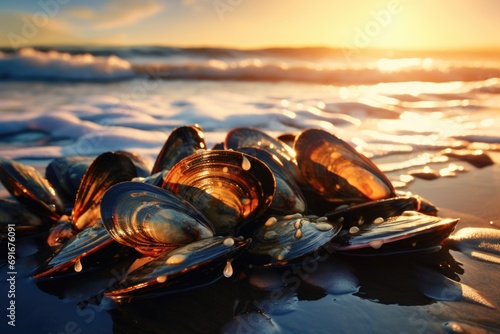 A bunch of clams sitting on top of a sandy beach. Perfect for seafood-related designs and beach-themed projects photo
