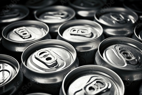 A collection of soda cans arranged together. This image can be used for advertising, recycling campaigns, or in articles about beverages