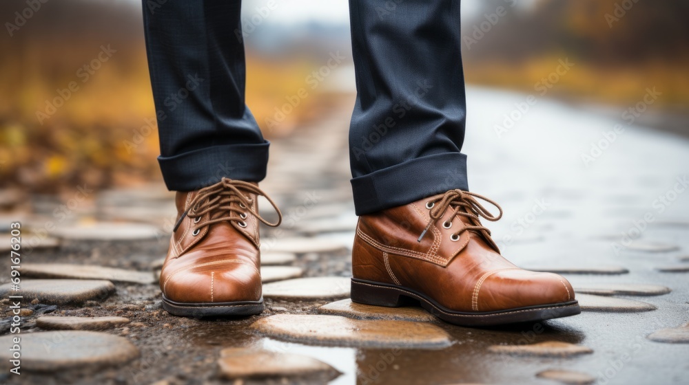 A man in brown shoes standing on a wet road, ready to take on the challenges that lie ahead. A man in brown shoes standing on a wet road, ready to take on the challenges that lie ahead.