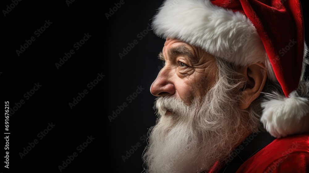 A close up view of a person wearing a Santa hat. Perfect for holiday-themed designs and Christmas promotions A close up view of a person wearing a Santa hat. Perfect for holiday-themed designs and Christmas promotions