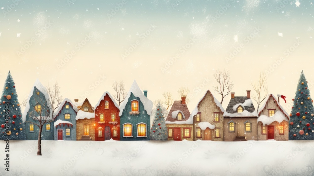 A picturesque row of houses with charming Christmas trees in the background. Perfect for holiday-themed designs and winter celebrations