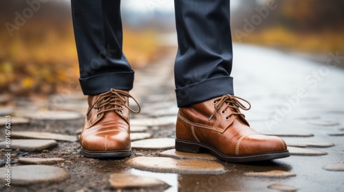 A man in brown shoes standing on a wet road, ready to take on the challenges that lie ahead.