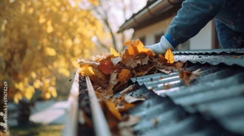 A person cleaning leaves from a gutter. Suitable for home maintenance and landscaping themes