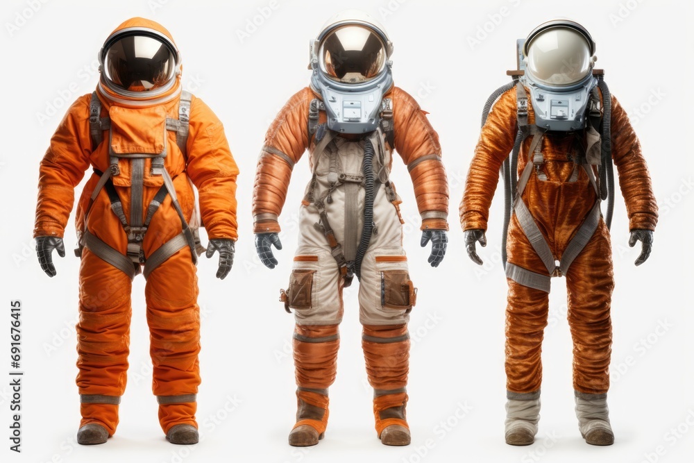 Three astronauts in spacesuits standing together. Suitable for space exploration and teamwork themes Three astronauts in spacesuits standing together. Suitable for space exploration and teamwork themes