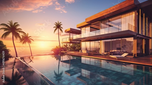 A modern beach house with a pool, surrounded by palm trees, overlooking the ocean at sunset.