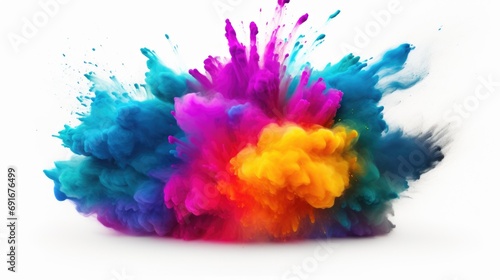A vibrant and dynamic explosion of colorful powder on a clean white background. This image can be used to add a burst of energy and excitement to various projects