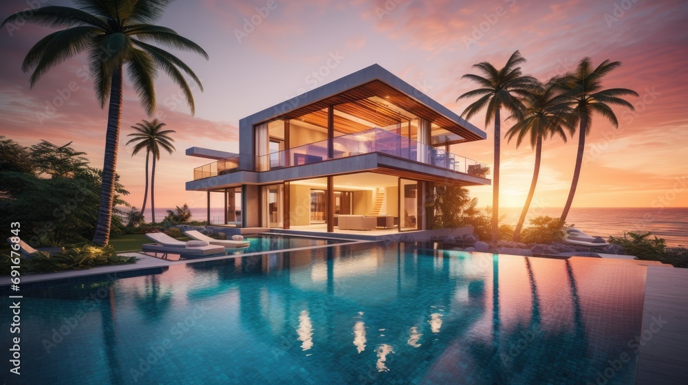 A modern beach house with a pool, surrounded by palm trees, overlooking the ocean at sunset.