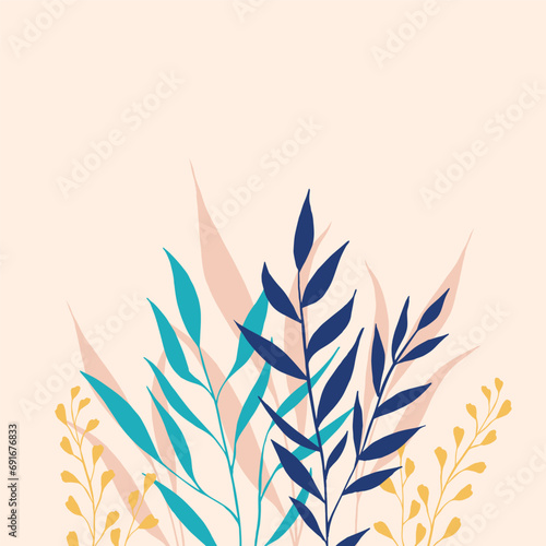 Trendy abstract square template with silhouettes of branches and leaves. Suitable for social media posts, mobile apps, banner design and online advertising. Vector fashion background