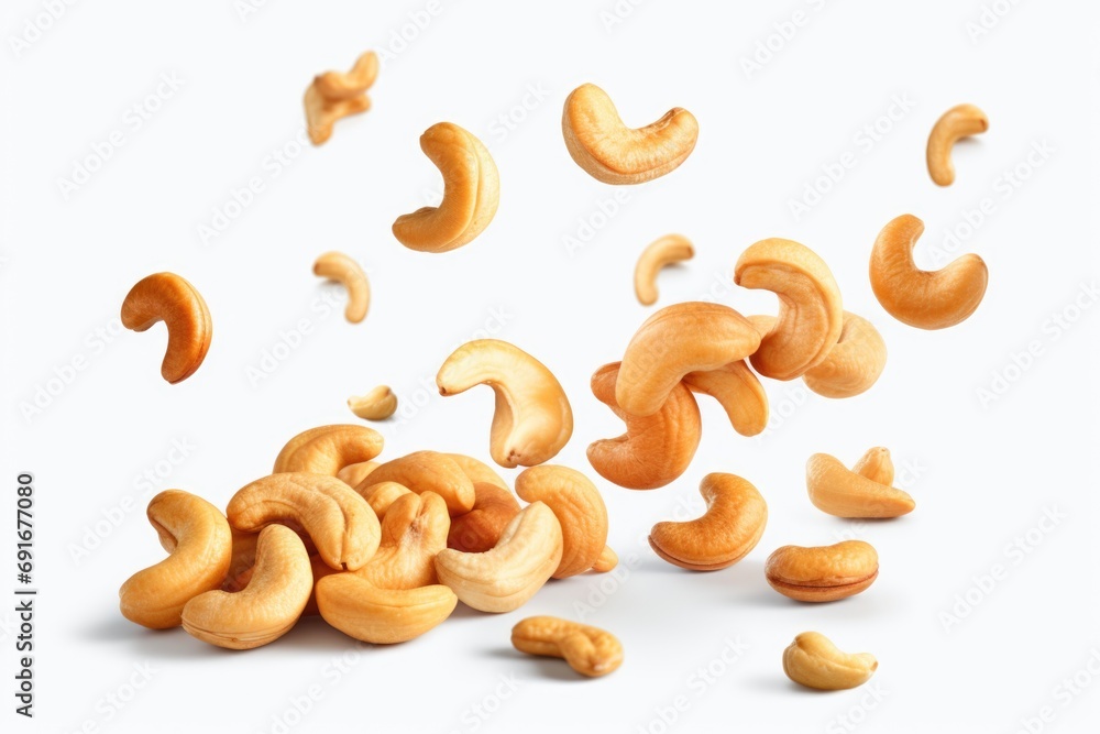 A captivating image capturing the moment when a pile of cashews is falling gracefully through the air. Perfect for food-related projects and advertisements A captivating image capturing the moment when a pile of cashews is falling gracefully through the air. Perfect for food-related projects and advertisements