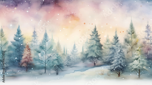 A fantasy forest with magical watercolor Christmas trees, watercolor style, charming illustrations, xmas, new year, with copy space © Катерина Євтехова