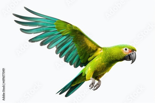 A green parrot flying through the air with its wings spread. This image can be used to depict freedom, nature, or wildlife