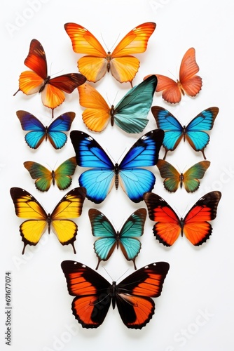 A group of vibrant butterflies resting on a white surface. Perfect for adding a touch of nature and beauty to any project or design