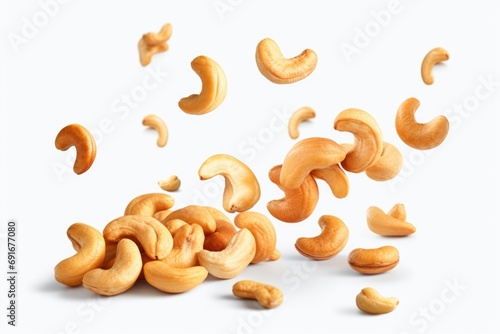 A captivating image capturing the moment when a pile of cashews is falling gracefully through the air. Perfect for food-related projects and advertisements photo