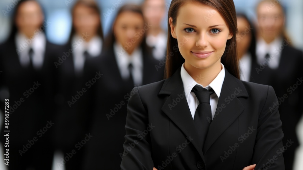 A professional woman in formal attire stands before a gathering of business professionals. A professional woman in formal attire stands before a gathering of business professionals.